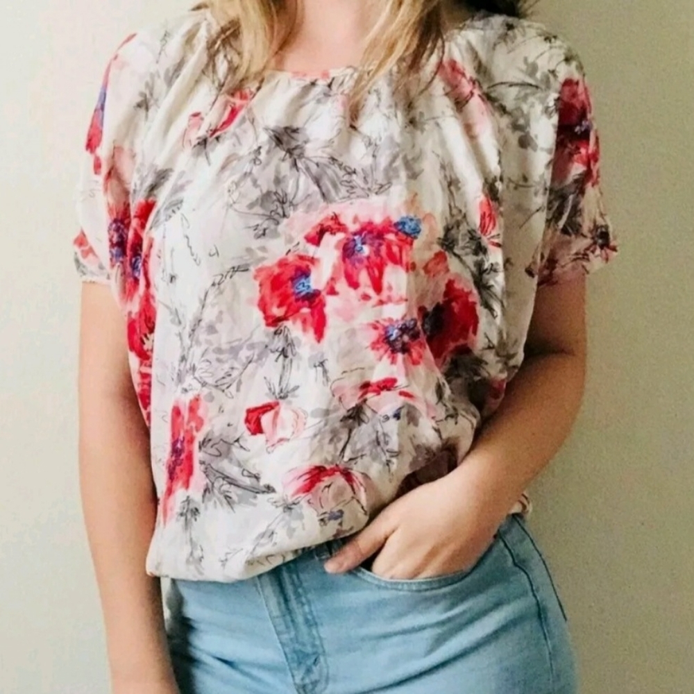 Cabi Silk Dolman Sleeve Top Ivory Floral - Size M